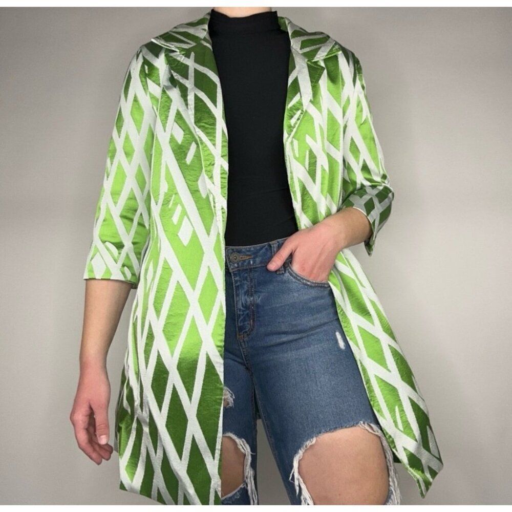 The Look Women Green & White Textured Open Front Duster Size XL